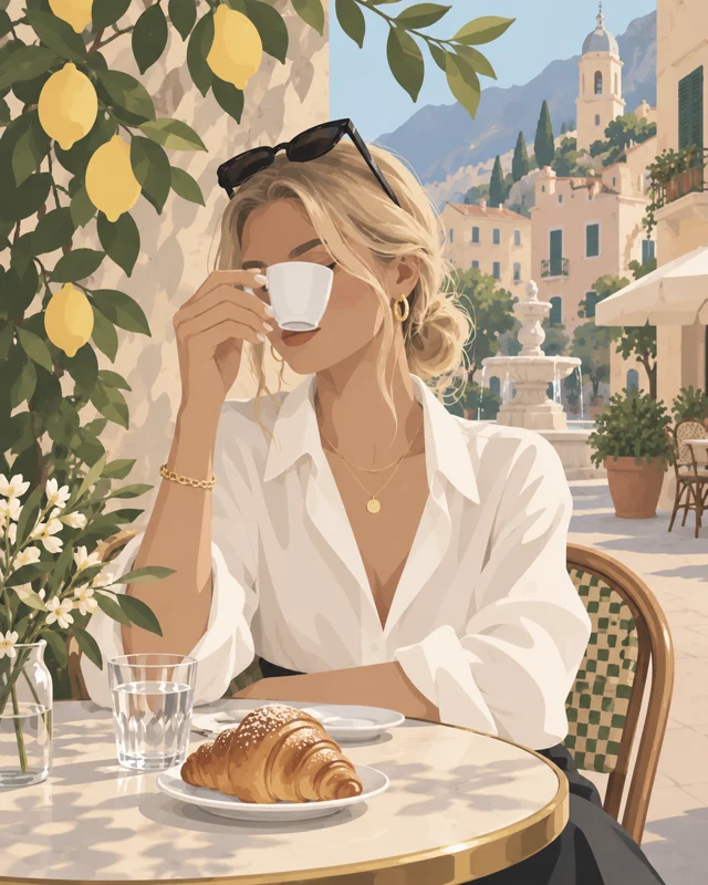 Ilustrace ženy s šálkem kávy u italského kavárenského stolku