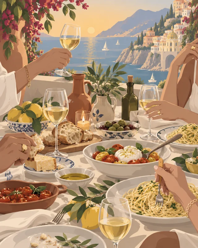 Ilustrace společného stolování na terase s výhledem na italské pobřeží